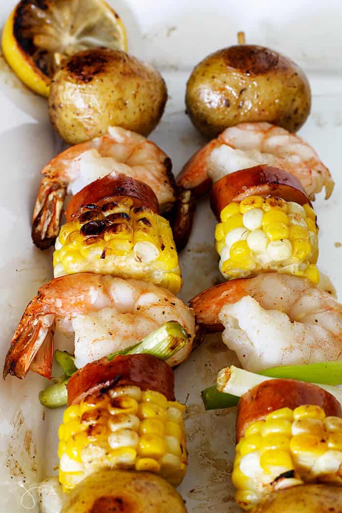 Shrimp, potatoes, andouille sausage, and corn kebabs.