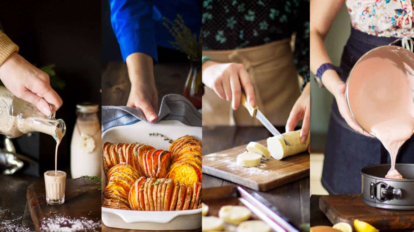 An image of four vertical action shots of food preparation