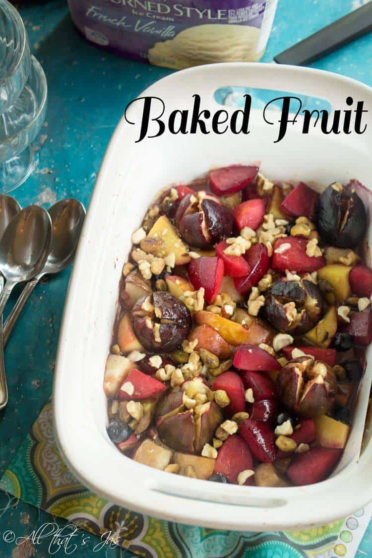 A baking dish full of baked fruit