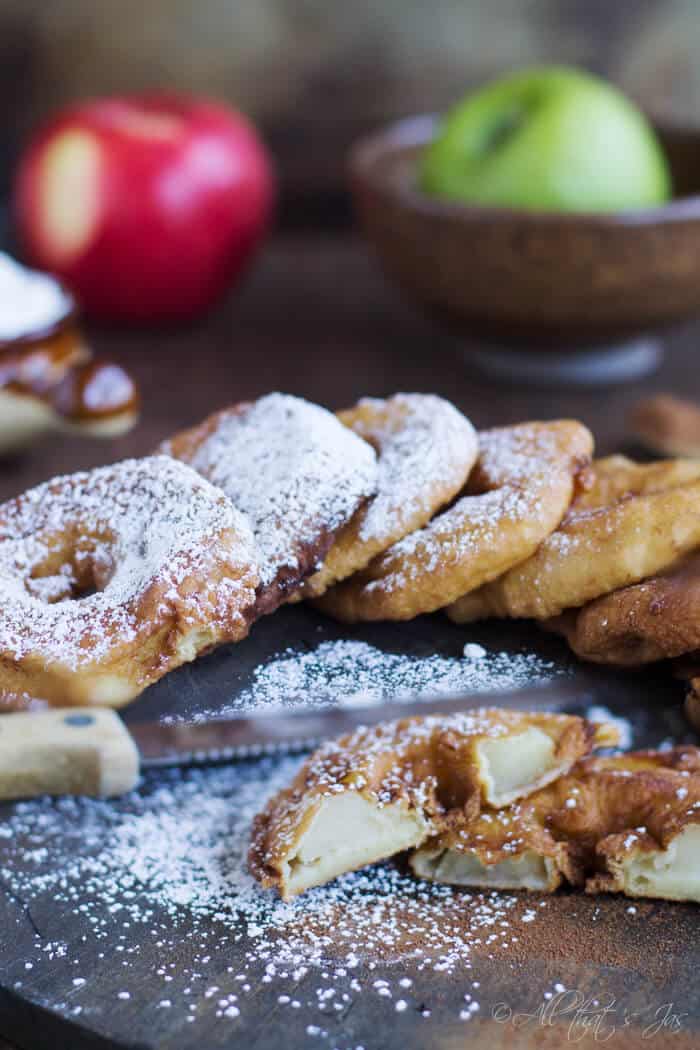 A close up of food, with Apple and Fritter