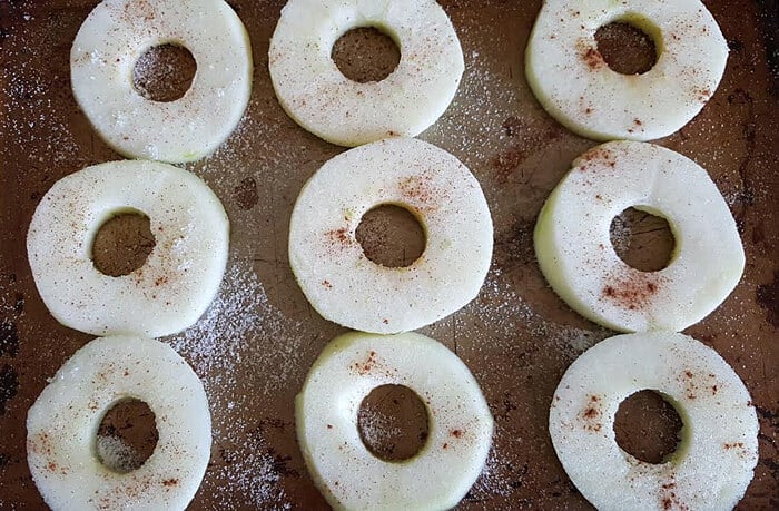 A close up of apple rings sitting on top of a metal rack