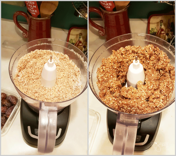Mixing nuts, coconut, and dates for no bake energy bites