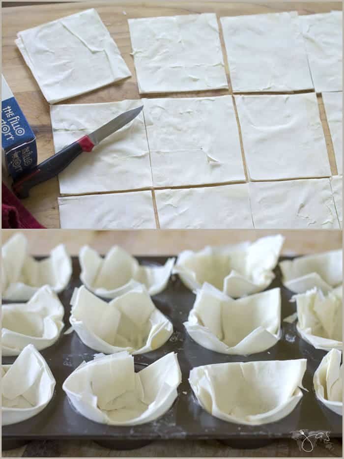 Slice the fillo dough into even squares and fill each cupcake tin. 