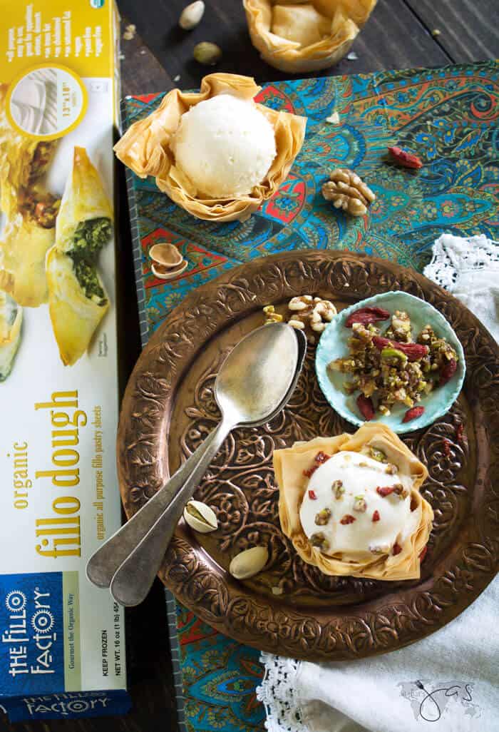A scoop of vanilla ice cream tastes delicious in these golden fillo dough cups. 