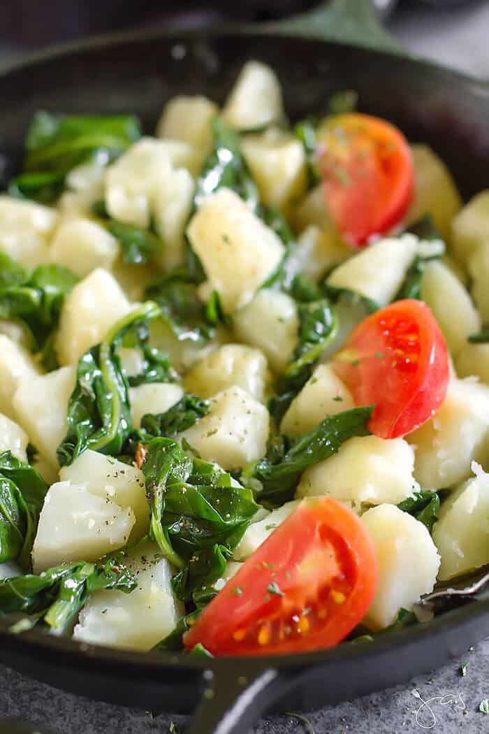 Easy vegan and vegetarian side dish made with swiss chard and potatoes is done quickly. 