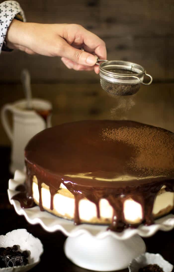 dusting tiramisu cheesecake with cocoa powder