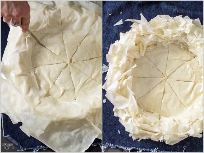 Ruffle fillo crust for Indiana Hoosier pie and make even cuts. 