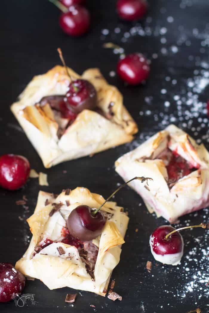 Delicate fillo blossoms with cherries and chocolate