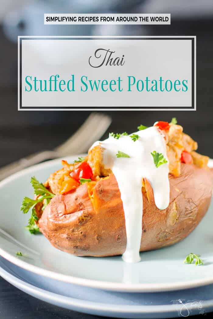 Quick and easy dinner solution, these Thai stuffed sweet potatoes combine sweet and spicy for a delicious meal. 