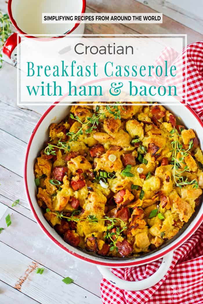 This breakfast casserole dish has ham and bacon in it. 