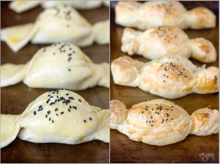 before and after puff pastry eggs are baked