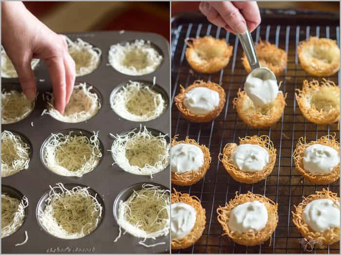 making kataifi nests is super easy, just form the nests in a muffin tin and bake!