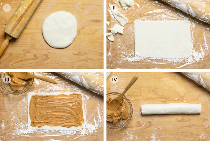 Rolling and filling the potato candy dough - a 4-picture collage