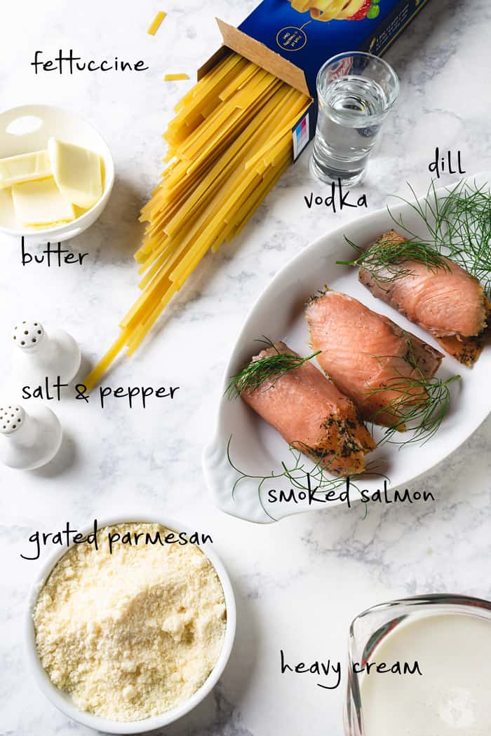 Ingredients for fettuccine with smoked salmon
