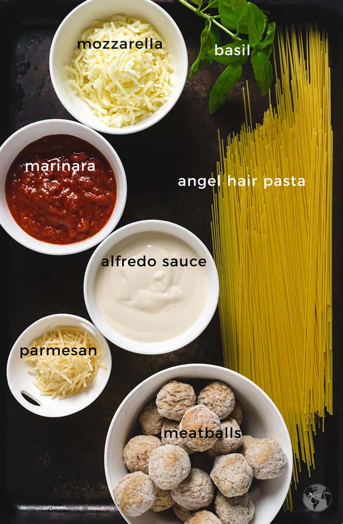 Ingredients for spaghetti and meatball appetizer.