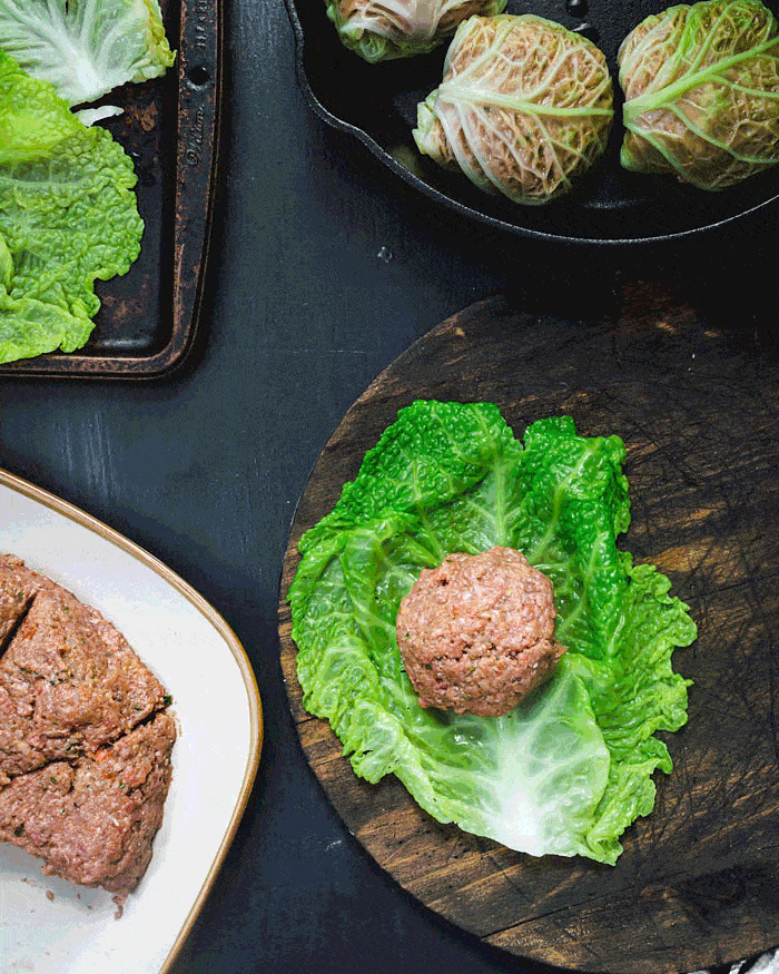 How to fold meat patties into the cabbage rolls - gif