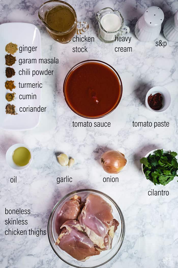 Ingredients for one-pan chicken tikka masala recipe.